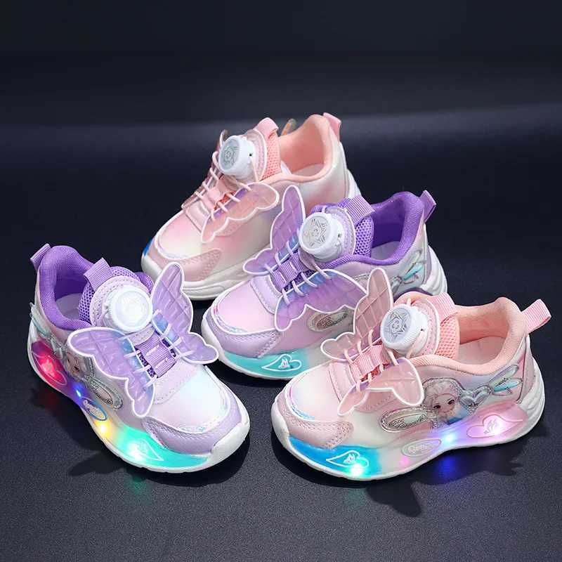 LED casual sports shoes Spring Girls Elsa Princess leather swivel buckle childrens shoes anti slip pink purple W250407