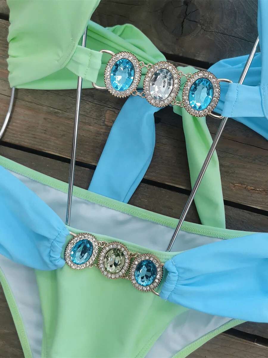 Dongdumaoyi Luxury Rhinestone Bikini Set Women Blue Patchwork Cross Diamond High Waist Swimsuit Beach Bathing Suit Swimwear Biquini
