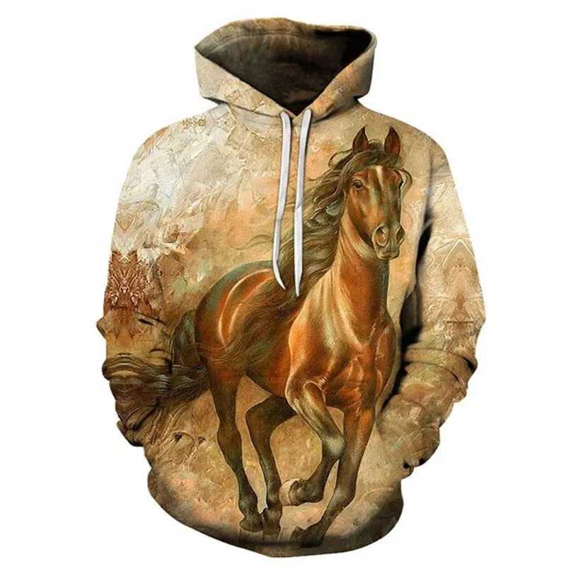 2024 New Autumn Mens Hoodie 3D Printed Mens Animal Horse Hoodie Loose Fit Zipper Casual Sweatshirt W250408