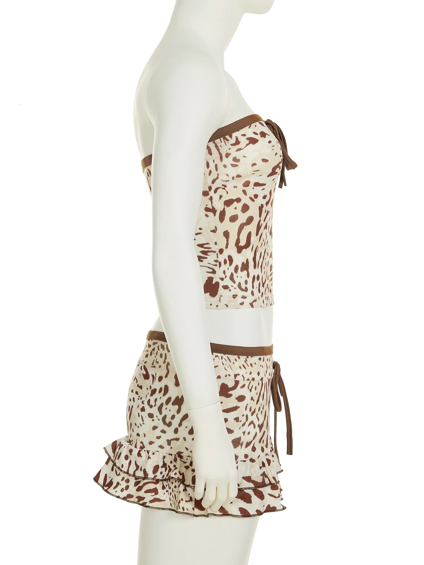 IAMSURE Sexy Leopard Printed Dress Sets Women Holiday Slim Bow 2 Piece Sets Slash Neck Sleeveless Tube Tops Low-Waisted Skirts 250407