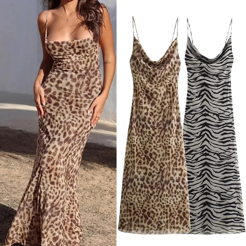 TRAF Leopard Print chiffon womens backless summer long dress womens retro sexy party dress Midi holiday dress 250401