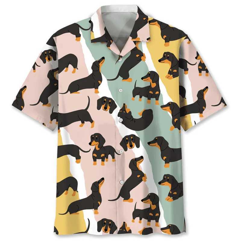 Cartoon sausage dog 3D printed mens animal pet graphic short sleeved Hawaiian shirt top loose collar shirtXJ250407