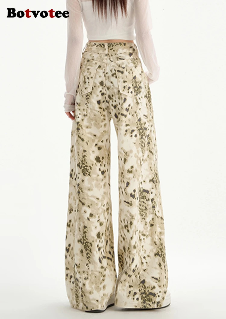 Botvotee Y2k womens leopard print jeans beige wide leg straight high waist denim pants streetwear fashion 250407