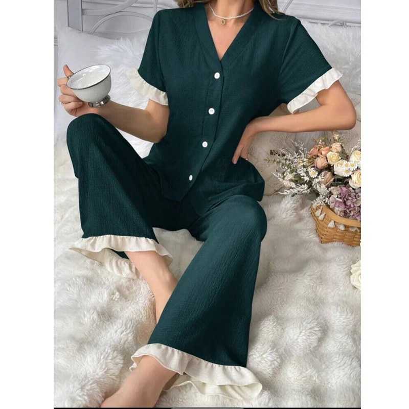 Stylish Solid Color Short Sleeve Pajama Set Button Up V-Neck Top Elastic Shorts Womens Comfortable Soft Homewear Loungewear Pjs 250408