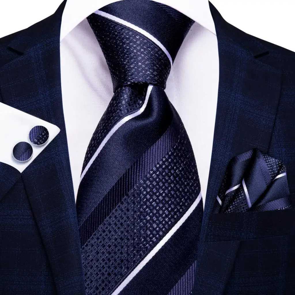 Hi-Tie Navy Blue Striped Silk Wedding Tie For Men Fashion Design Gift Men Necktie Hanky Cufflink Set Business Party Dropshiping X250407