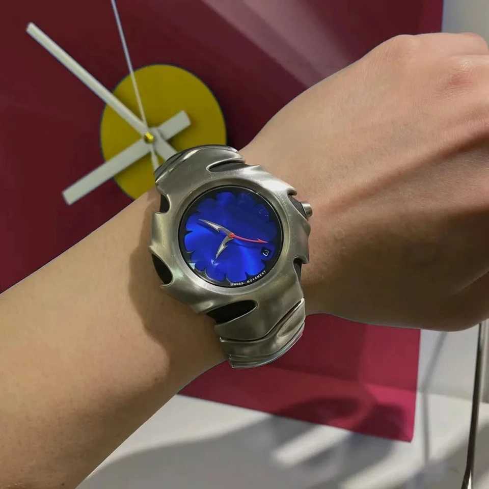 Mens Y2K unique blade fashionable stainless steel black blue luxury top-level simulated quartz waterproof dress watch Y250407