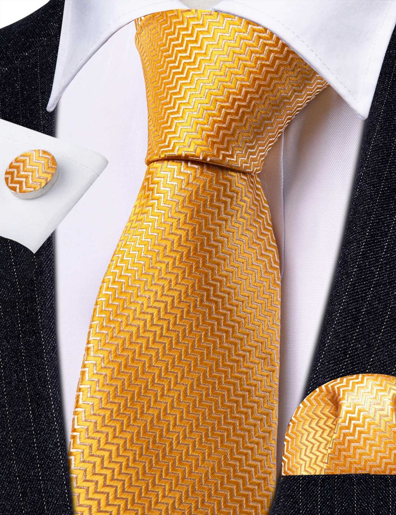 Classic Gold Silk Men Necktie Fashion Stripe High Quality Handkerchief Cufflinks Set Wedding M Ties Business Party Barry. X250407