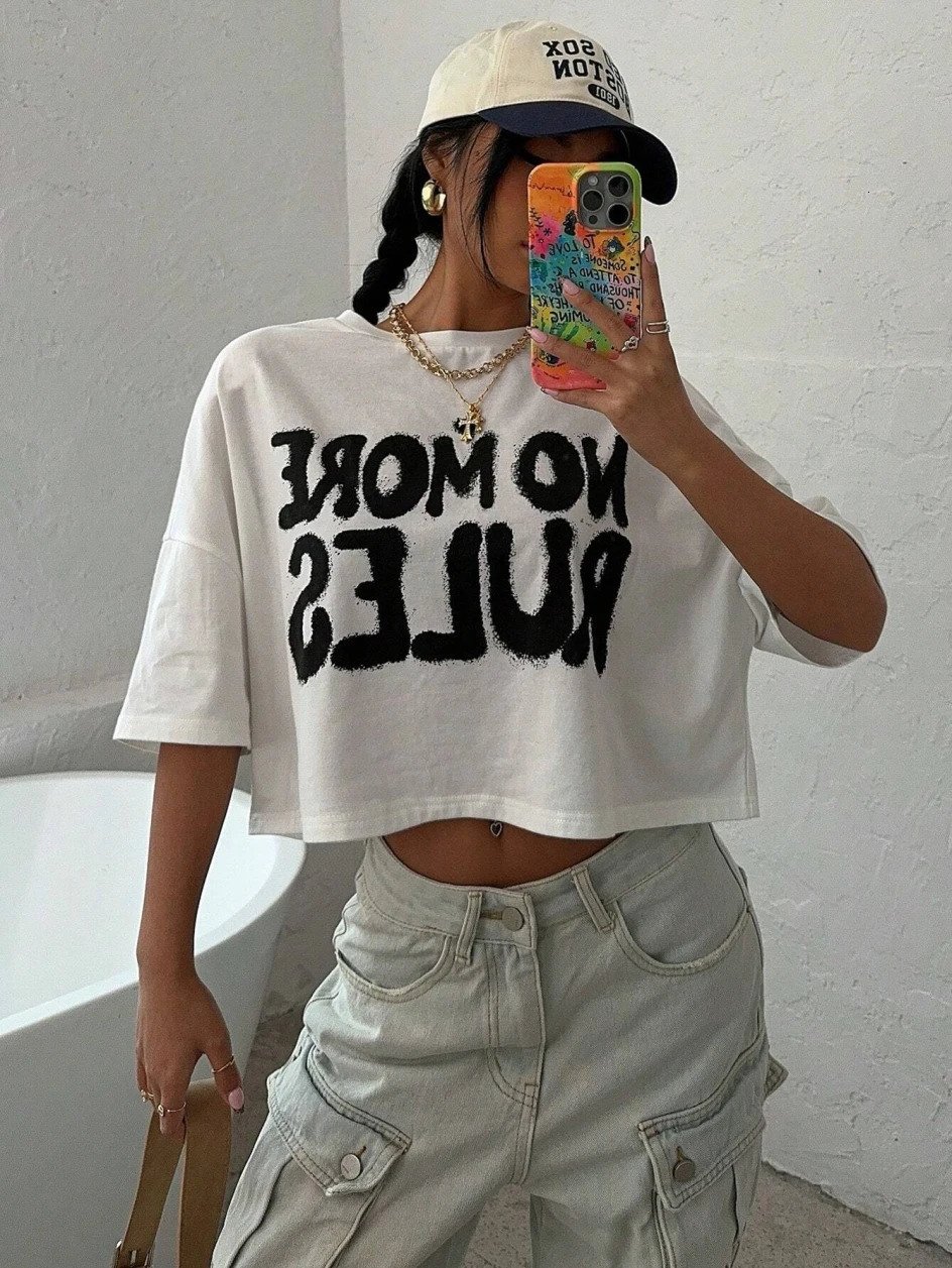 100% pure cotton womens crop Tshirt with no more rules letter printing top Oneck short sleeved summer fashion street clothing 250407