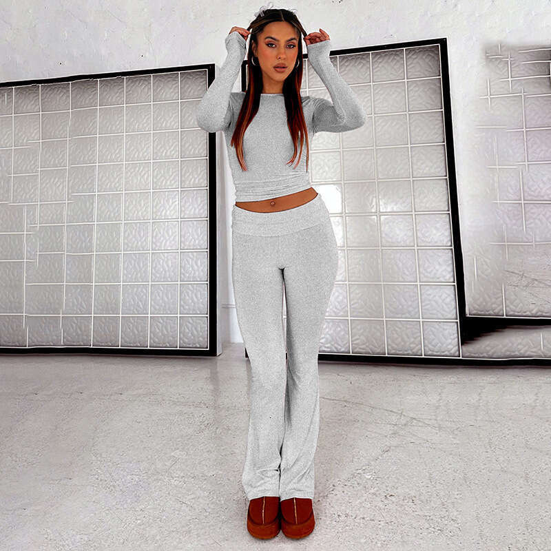 European American women's autumn winter clean color long sleeved fashionable pants two-piece set wholesale, 2025 new item, chic and elegant cloth