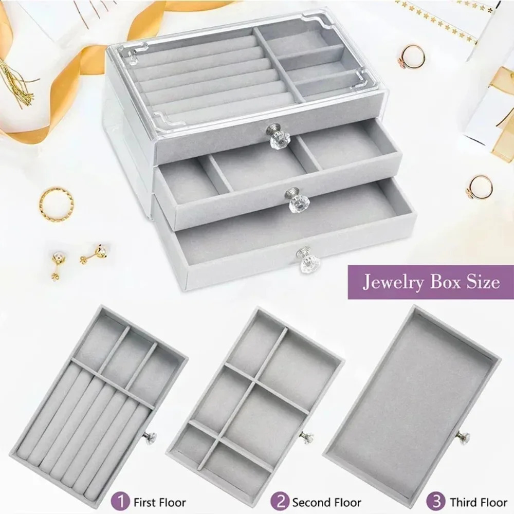 Acrylic Velvet Jewelry Organizer with 3 Drawers Stackable Display Storage Earrings Necklace Bracelets Box Holder Case for Women 250407