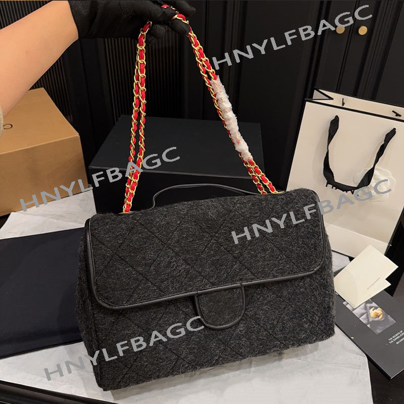 Women Designer Jumbo Grey Felt Shoulder Bag Red Matelasse Chain Knitting Classic Flap Diamond Lattice Golden Hardware Casual Knitting Underarm Tote Sacoche 36cm