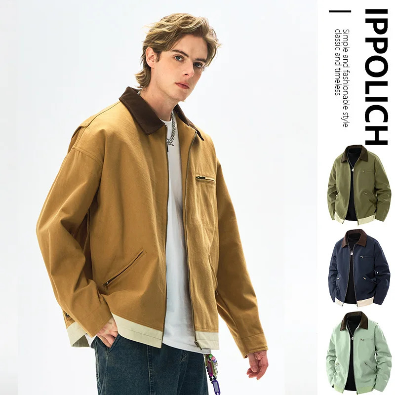 Fashionable mens jacket autumn casual retro style denim zipper pocket windproof camping baseball 250407