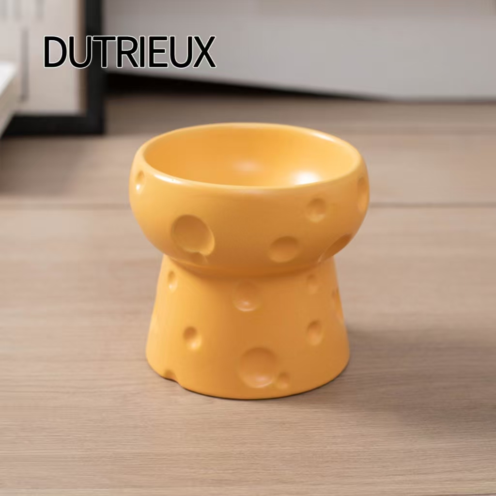 H1354 Ceramic pet bowl with neck support and tipping prevention, large diameter flat mouth cat and dog food and water bowl