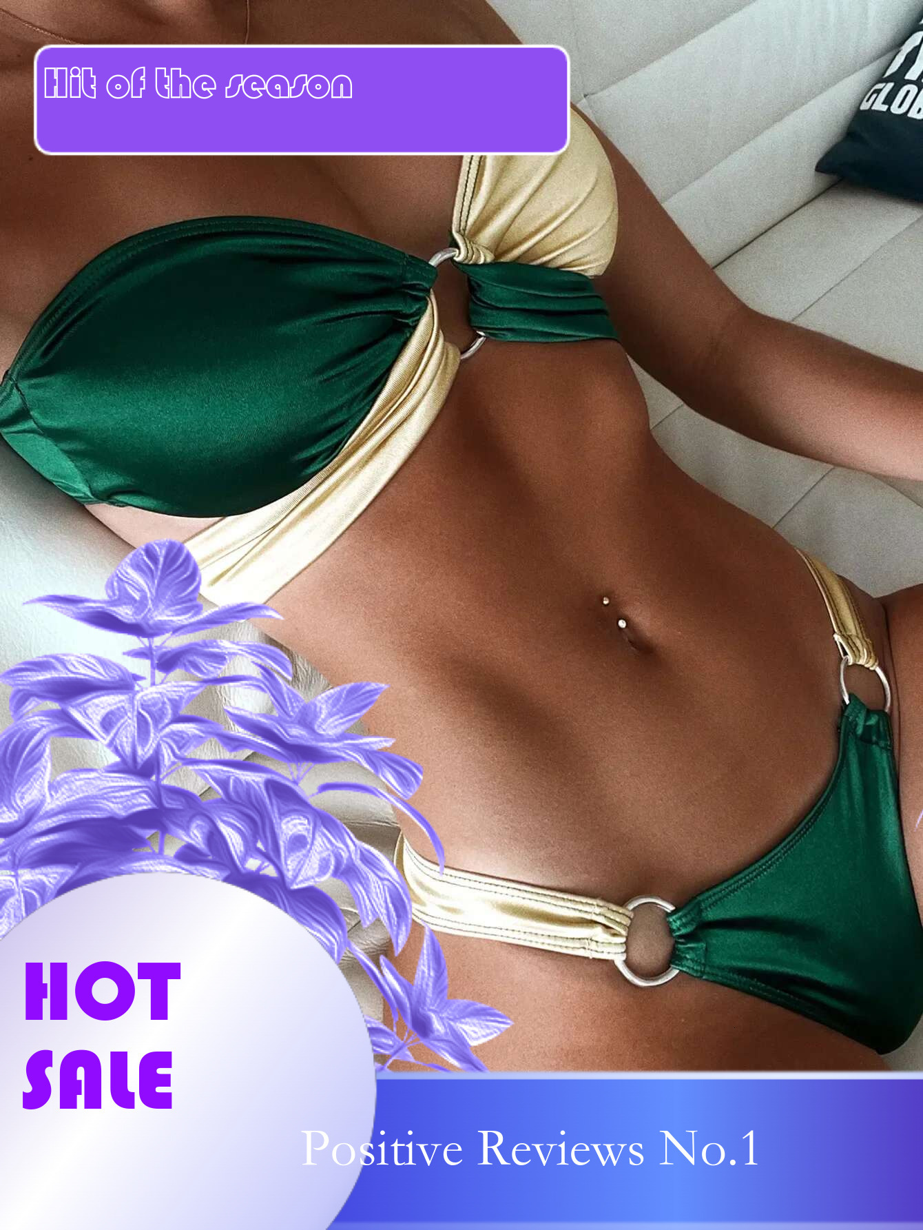 Dongdumaoyi Sexy Bandeau Bikini Women Green Contrast Push Up Two Piece Swimsuit Beach Cut Out Bathing Suit Ring Linked Thong Swimwear