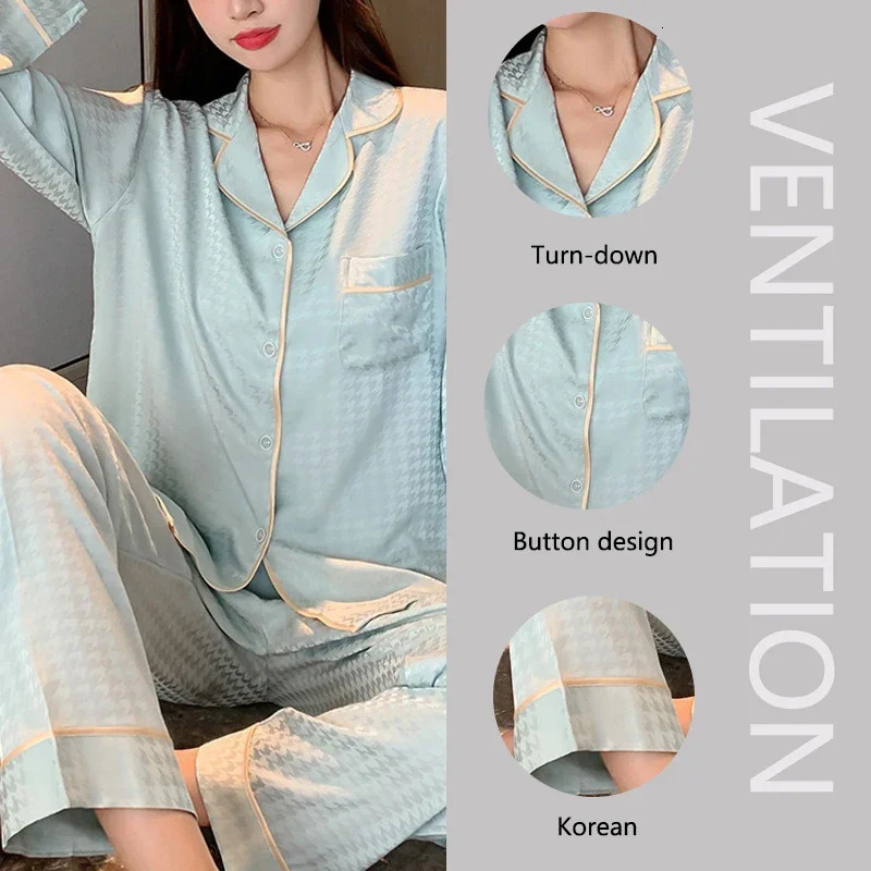Four Seasons Nightwear Casual Plaid Pajamas Ice Silk Long Sleeve Jacquard Plaid Cardigan Student Pajamas Homewear Two-Piece Set 250408