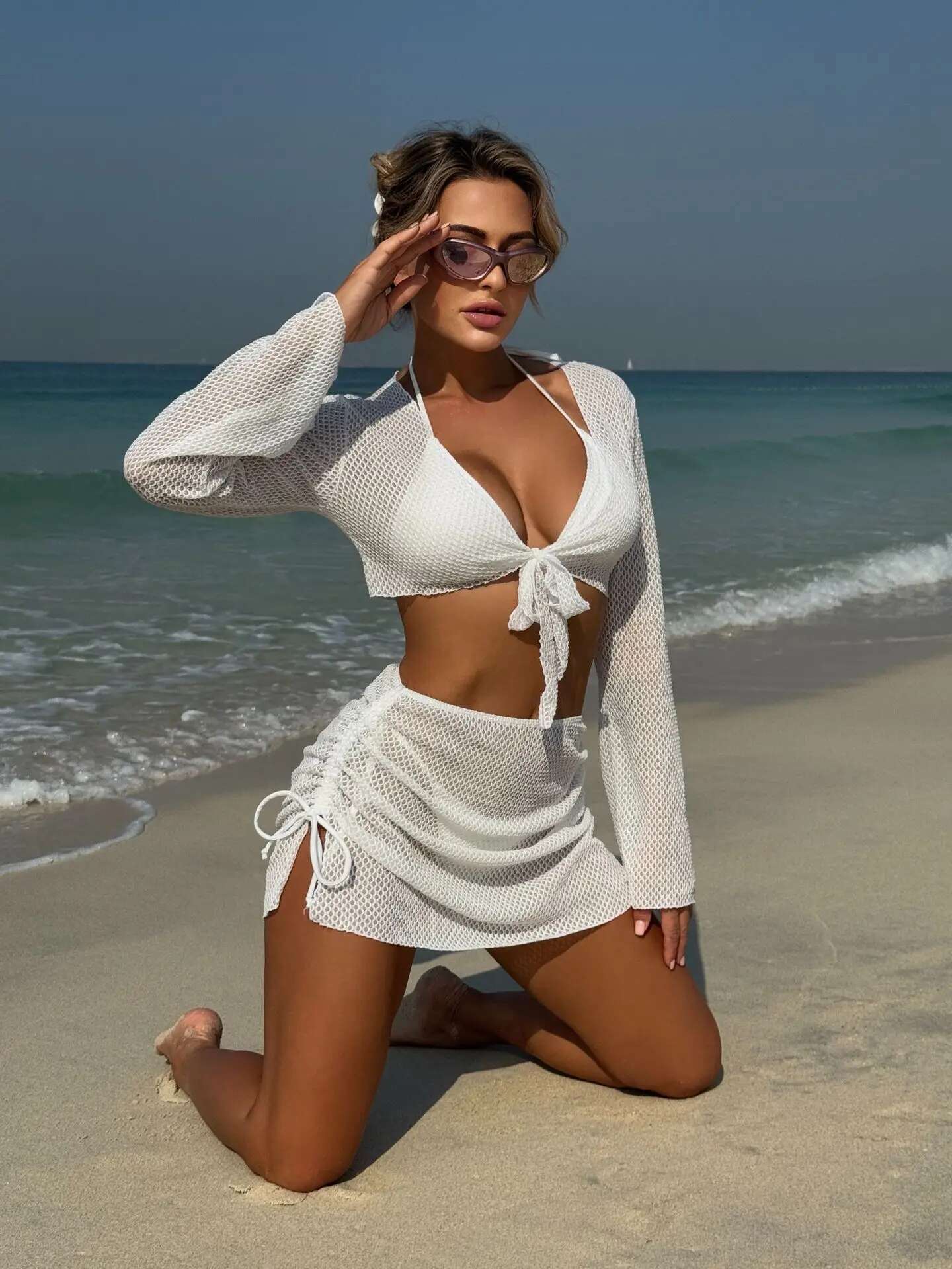 Dongdumaoyi Summer Holiday Piece Bikini Set Women Sexy White Long Sleeve Cover Up And Skirt Swimsuit Beach Bathing Suit Pool Swimwear
