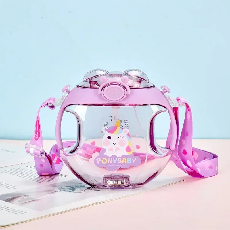 450ml Donut Shape Cup Kids Luminous Plastic Drink Water Bottle with Straws Cartoon Spray Bottle for Kids Outdoor Water Bottle 250408