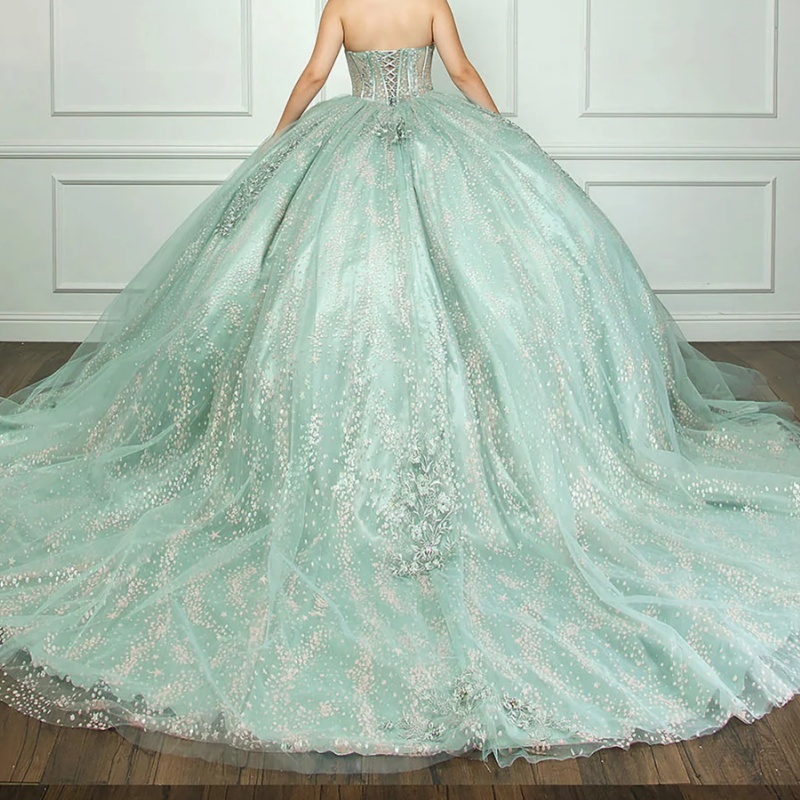 Mint Green Shiny Quinceanera Dresses Off Shoulder Ball Gown Sweet 16 Dress Applique Lace Beading Crystal Tull Birthday Party Vestidos 15 De Anos