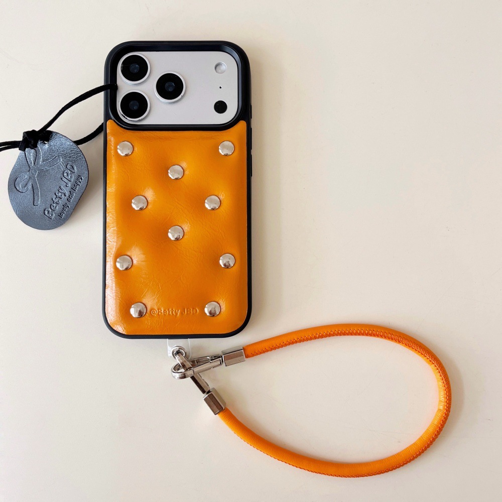 Orange Rivet Leather Phone Case Compatible with iPhone 17/16 Pro Simple Solid Color iPhone 15/14 Shockproof