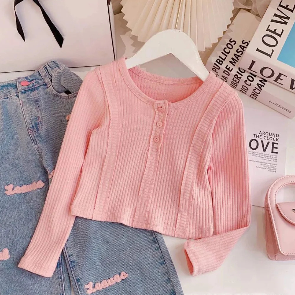 Spring Autumn Girls Clothing Set Solid Color Long Sleeve TopLetter Print Wide Leg Jeans 2Pcs For 4-12Y Kids Fashion Outfit 250407