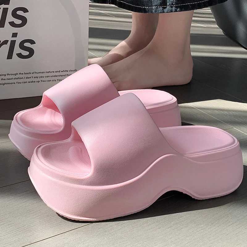 Solid color EVA platform slider womens thick sole N slider beach slider sandals womens summer 2025 soft sole wedge high heels sliderXJ250407