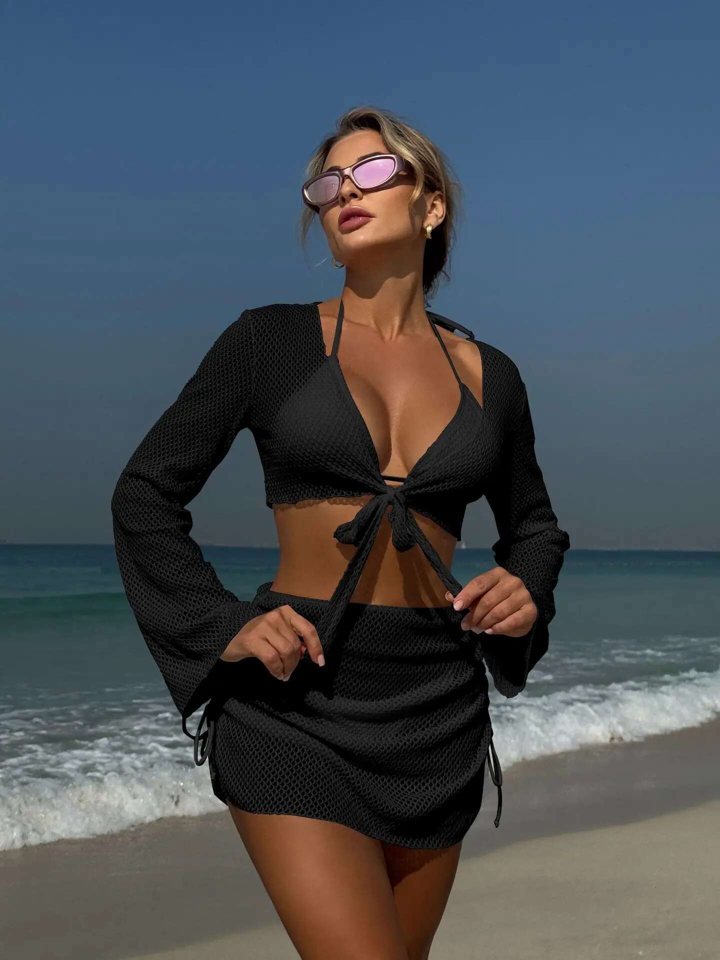 Dongdumaoyi Summer Holiday Piece Bikini Set Women Sexy White Long Sleeve Cover Up And Skirt Swimsuit Beach Bathing Suit Pool Swimwear