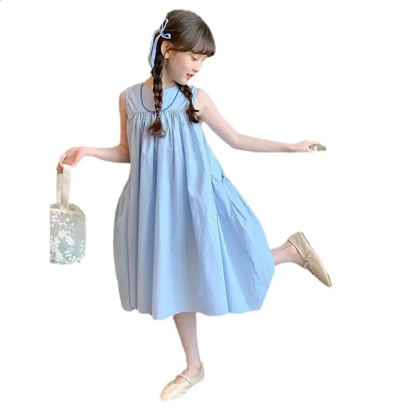 Arrival Sweet Girls Dress For Summer 2 3 4 5 6 7 8 9 10 11 12 Year Sleeveless Solid Color Blue Child Dresses With Pockets 250408