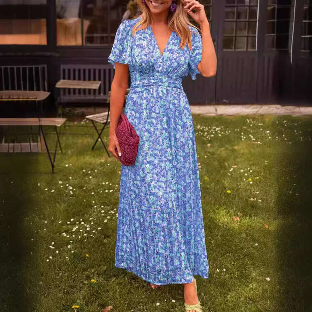A large number of European and American Shein2025 women's temperament printed waist cinched V-neck dress 2025 new casual fashion trend clothing