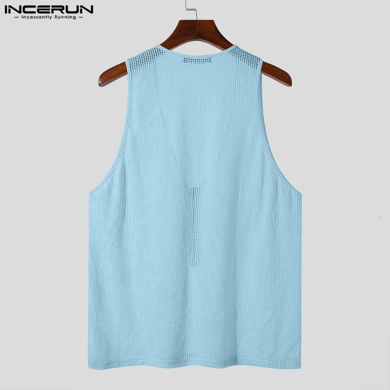 INCERUN mens tank top solid hollow transparent zipper V-neck sleeveless vest summer streetwear fashionable mens clothing 250403
