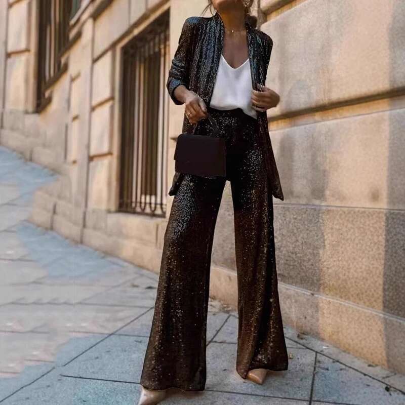 Spring Sequin Fashion Two-Piece Set Women Legg Slim Patchwork Outwear Top+High Waist Straight Pants Sets Female Outfits
