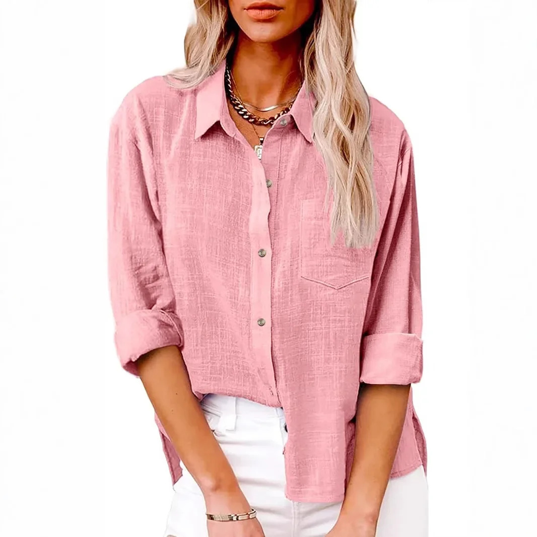 Spring Autumn Cotton Linen Shirt Womens Long Sleeve Pocket Side Slit Clothing 250408