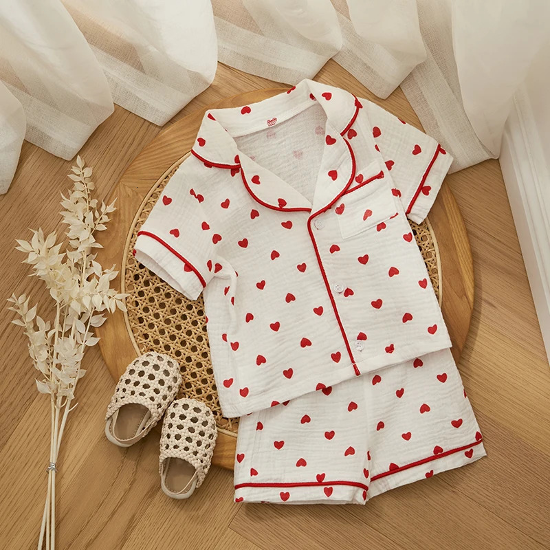 Summer Baby Girl Boy Pajama Set Cotton Linen Button Down Clothes Short Sleeve Heart Print Tops Shorts Kids Loungewear Sleepwear 250407