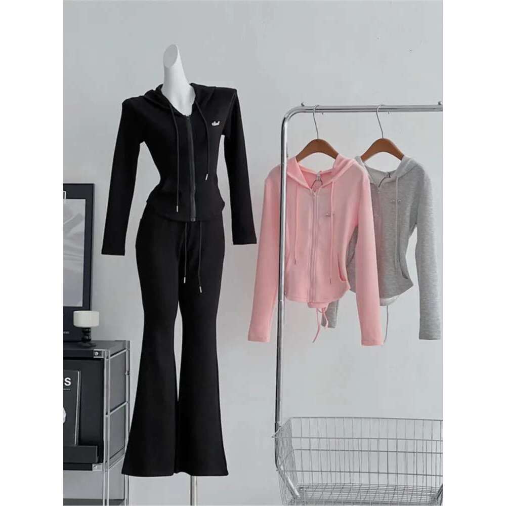 Y2k High Street Two Piece Set Tracksuit Women Hooded Zipper Jacket + Drawstring Wide Leg Pants Korean Fashion Solid Slim Outfits