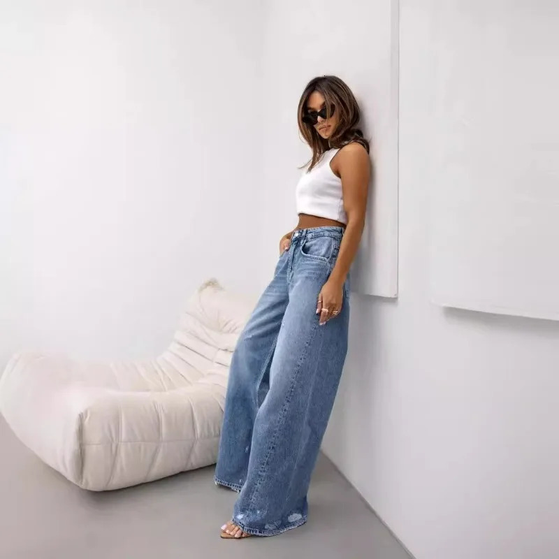 High waisted loose wide leg denim jeans womens holes washed casual straight pair boots strapless 250407