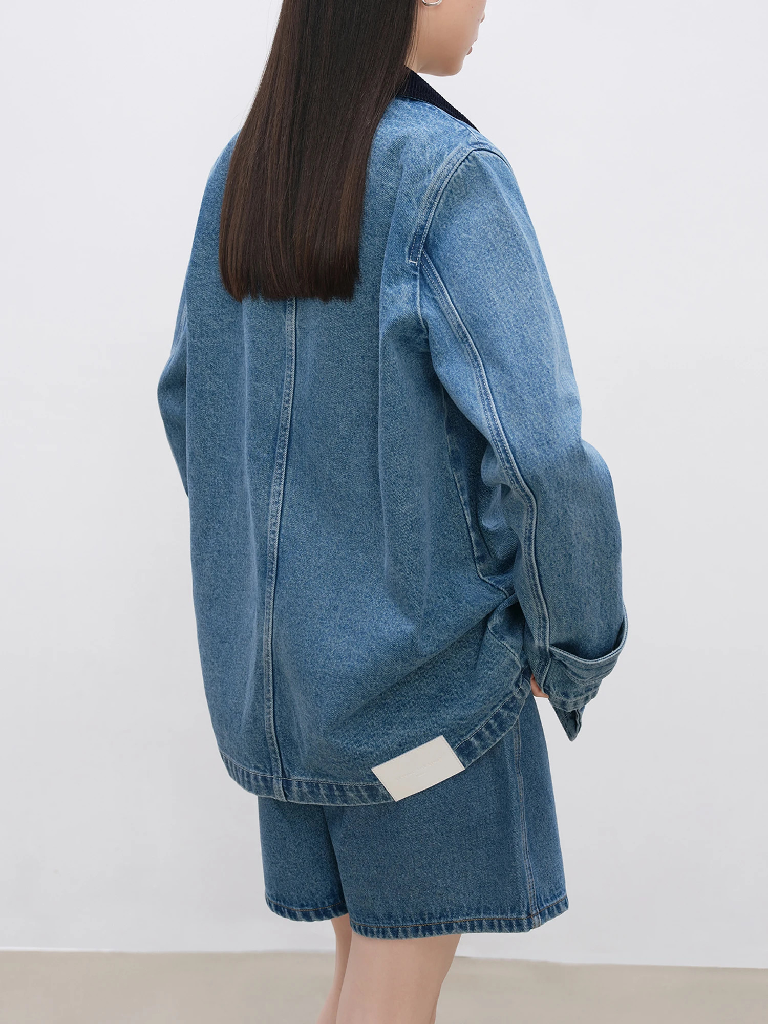 ZIQIAO Womens Denim Blue Coat Polo Neck Patch Work n Winter Casual Straight 100% Cotton Jacket 24ZQ93040 250407