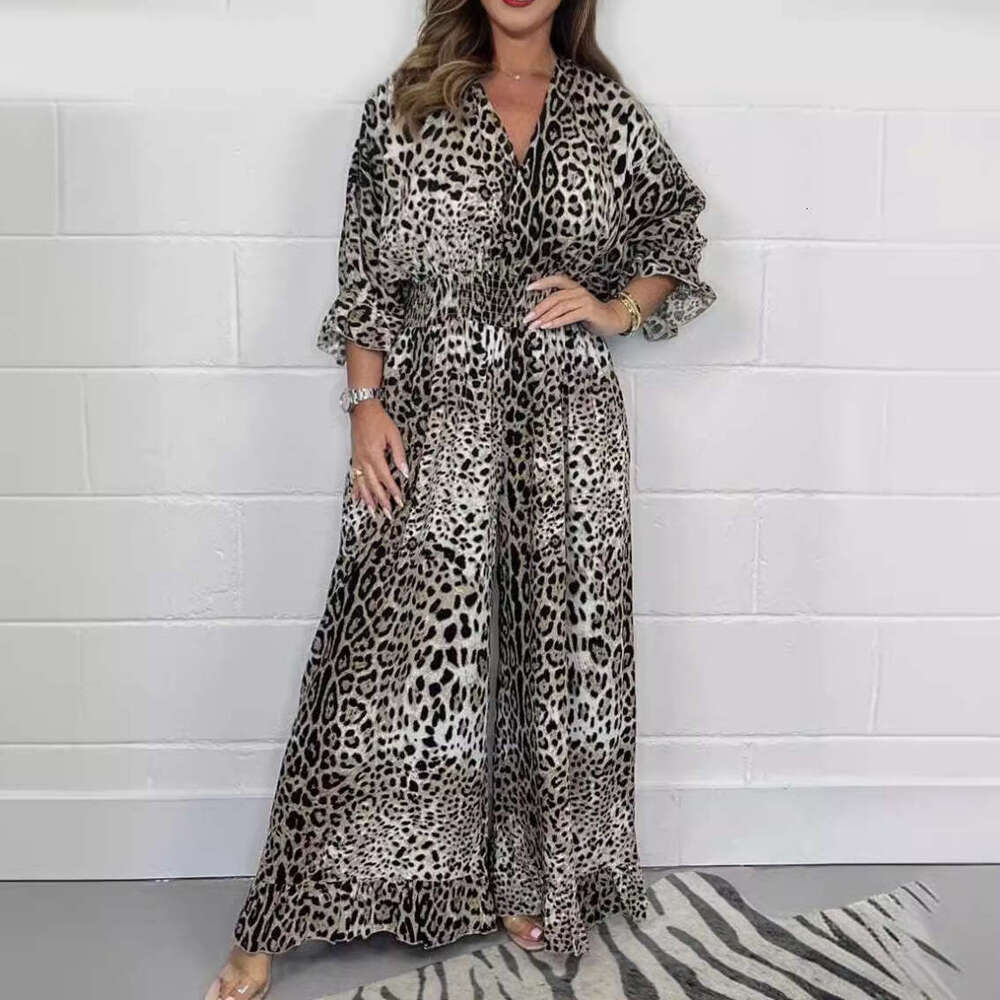 European American women's fashion leopard print casual wide leg jumpsuit 2025 new style chic and elegant clothing