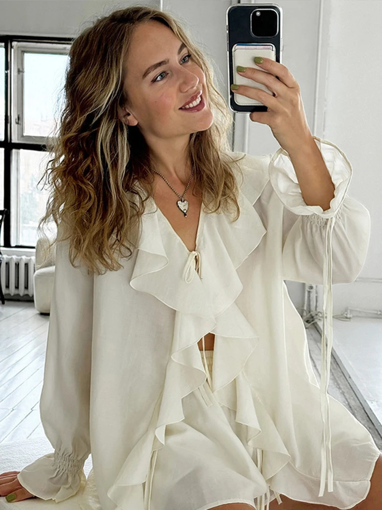 Casual Ruffles Shorts Set Women Hollow Out White V Neck Shirts Wide Leg Short Pants Spring Summer Lady Loose Outfits 250407