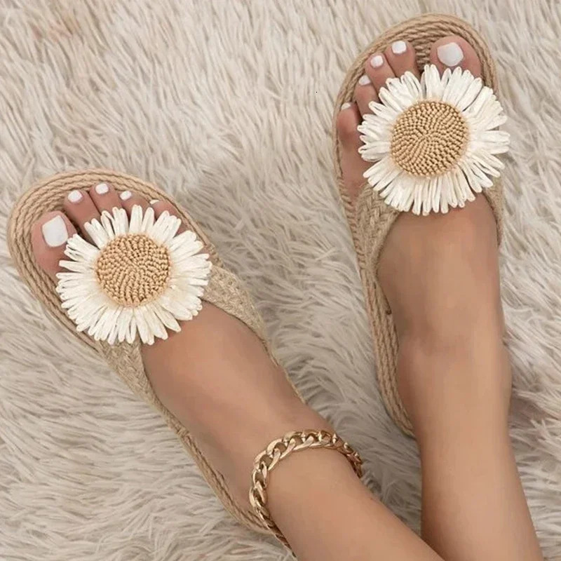 Linen Flower Decor Flip Flops Fashion Women Slides Flat Heel Outdoor Beach Summer Woman Slippers Ladies Shoes 250408
