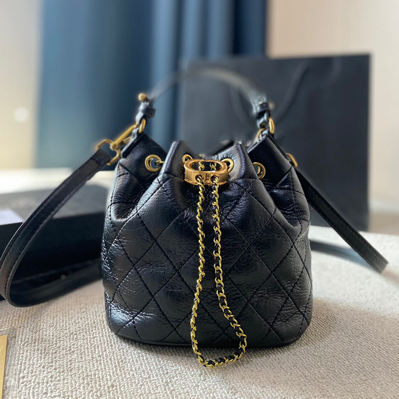 Women Designer Mini Black Drawstring Bucket Bags Top Leather Handle Totes Remove Adjustable Long Strap Crossbody Shoulder Handbags 19cm For Girls Luxury Pocket