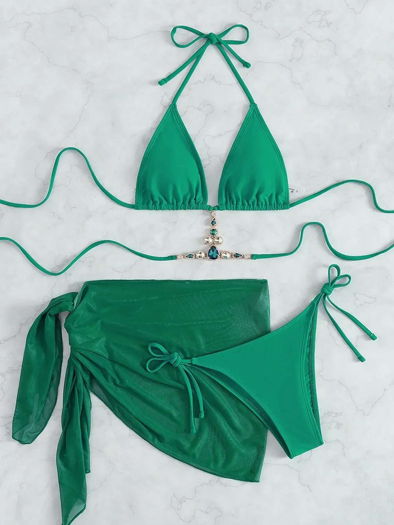 Dongdumaoyi Pieces Mesh Skirt Swimwear Women Luxury Green Red Rhinestone Designer Bikini Set Bathing Suit Cover Up Thong Swimsuit