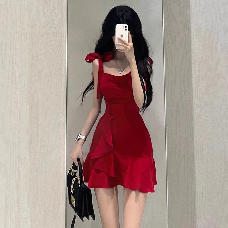 S32 new lotus leaf temperament hot girl red suspender dress small summer pure desire style waist slim short skirt female