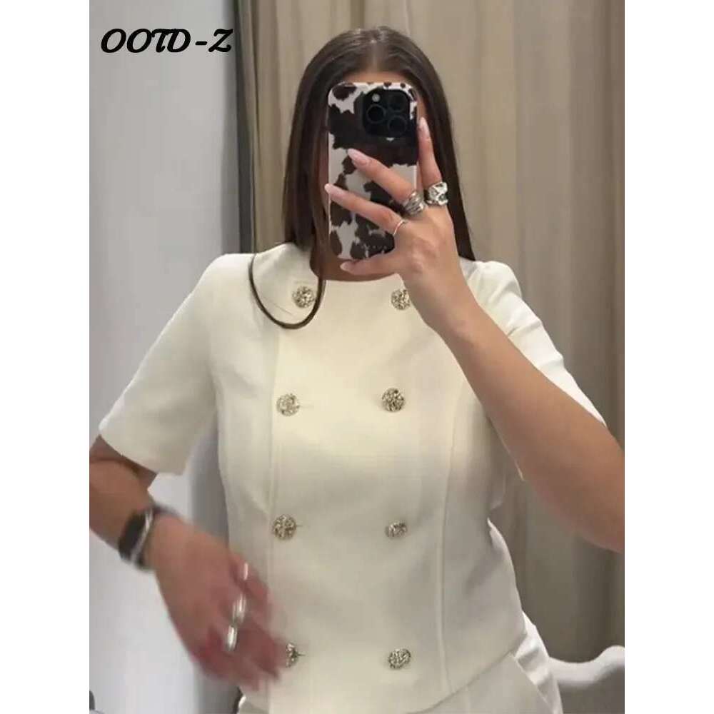Elegant Solid Two Piece Sets Women Short Sleeve O-Neck Single Breasted Vests Wide Leg Pants Suit Lady Fashion High Street Outfit