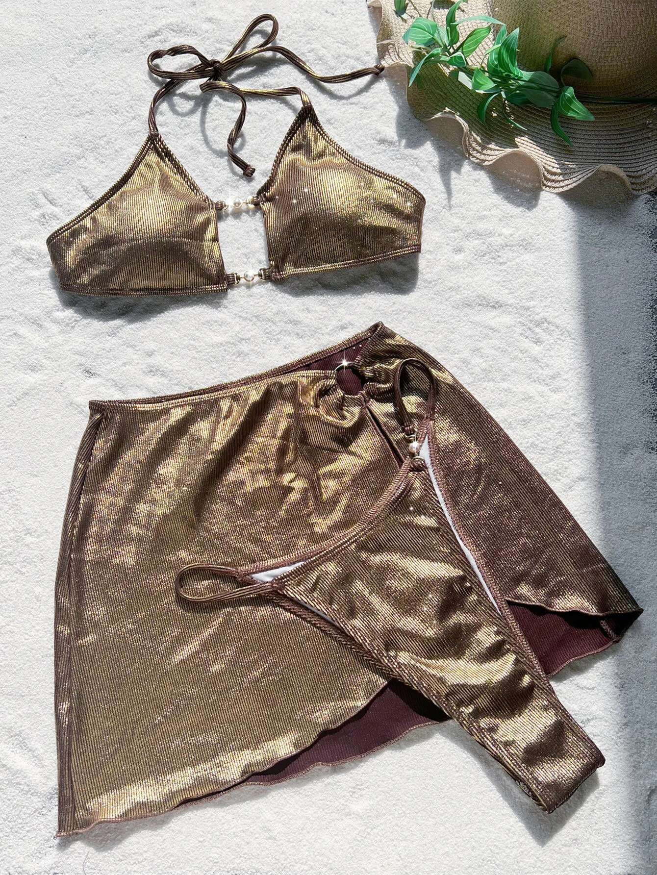 Dongdumaoyi Luxury Pearl Bikini Set Women Sexy Gold Hollow Out Push Up Metal Skirt Piece Swimsuit Beach Bathing Suit Thong Swimwear