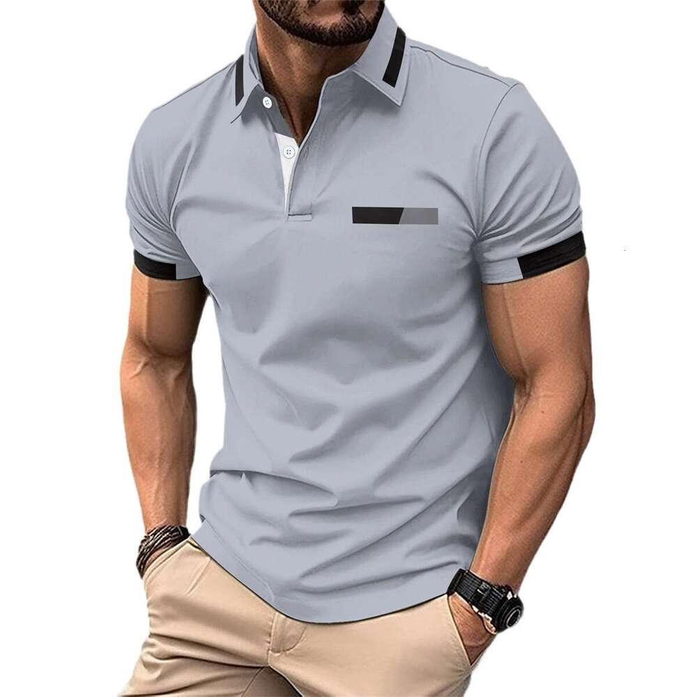 New men's casual polo shirt with fake chest pocket, lapel button, business T-shirt top, 2025 new style, chic and elegant clothing