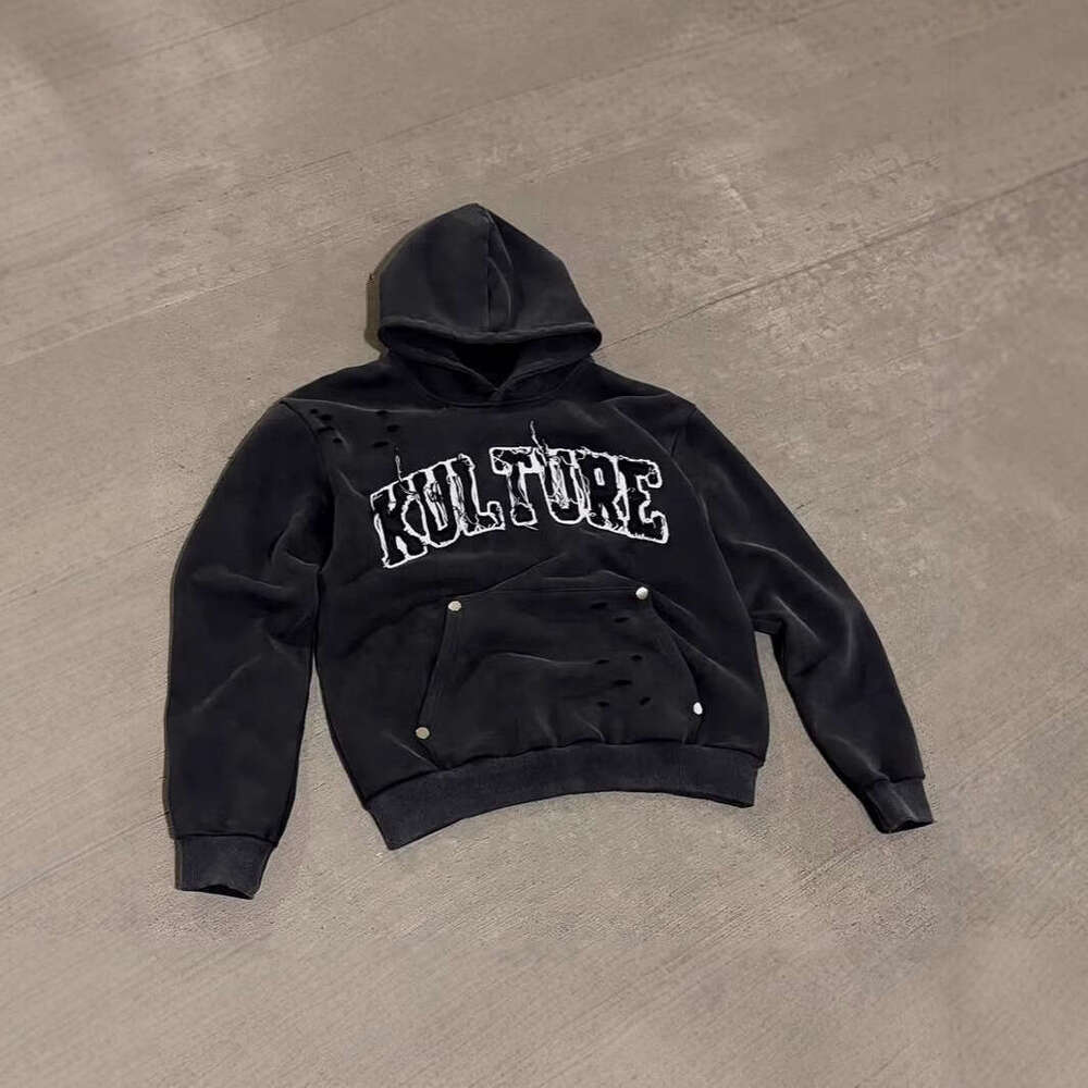 American cotton post apocalyptic wasteland style men's and women's patchwork embroidery three-dimensional pattern hole design hooded sweatsh