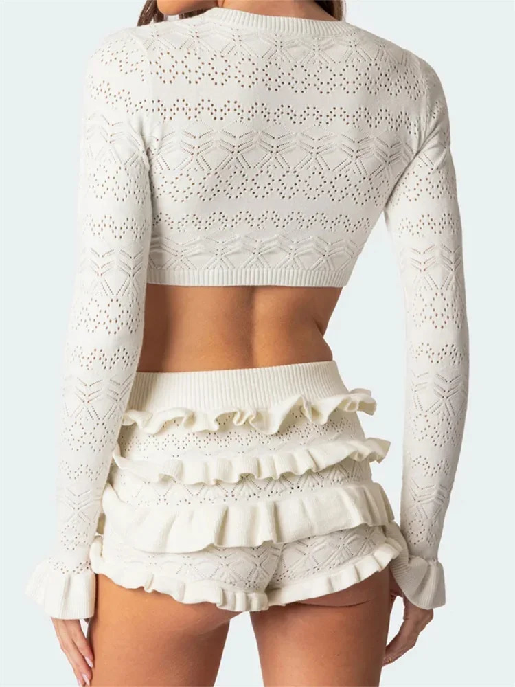 2 Piece Set Women Spring Fall Shorts Outfits Flare Long Sleeve Knit Crop Sweater Top Frill Ruffle Shorts Y2K Aesthetic Clothes 250407