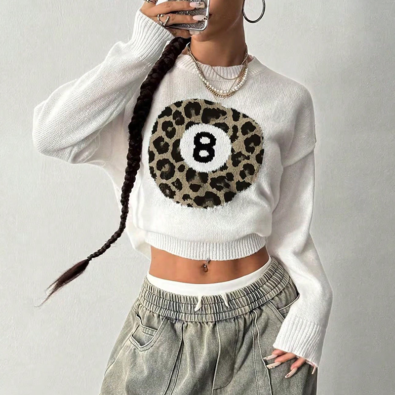 Women's color-blocked sports sweater, round-neck long-sleeve top, leopard print black eight pattern, for sports and outdoor activities---SSJ029