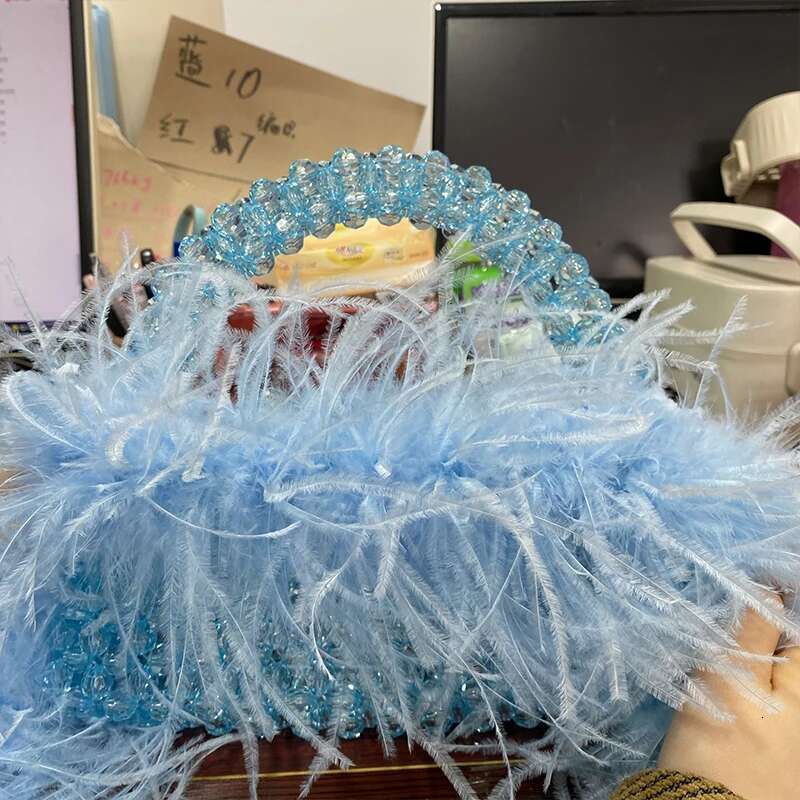 2Size Acrylic Bead Evening Bag With Ostrich Feather Fur Designer Brand Clear Tote Handbag Women Party Purse Handmade