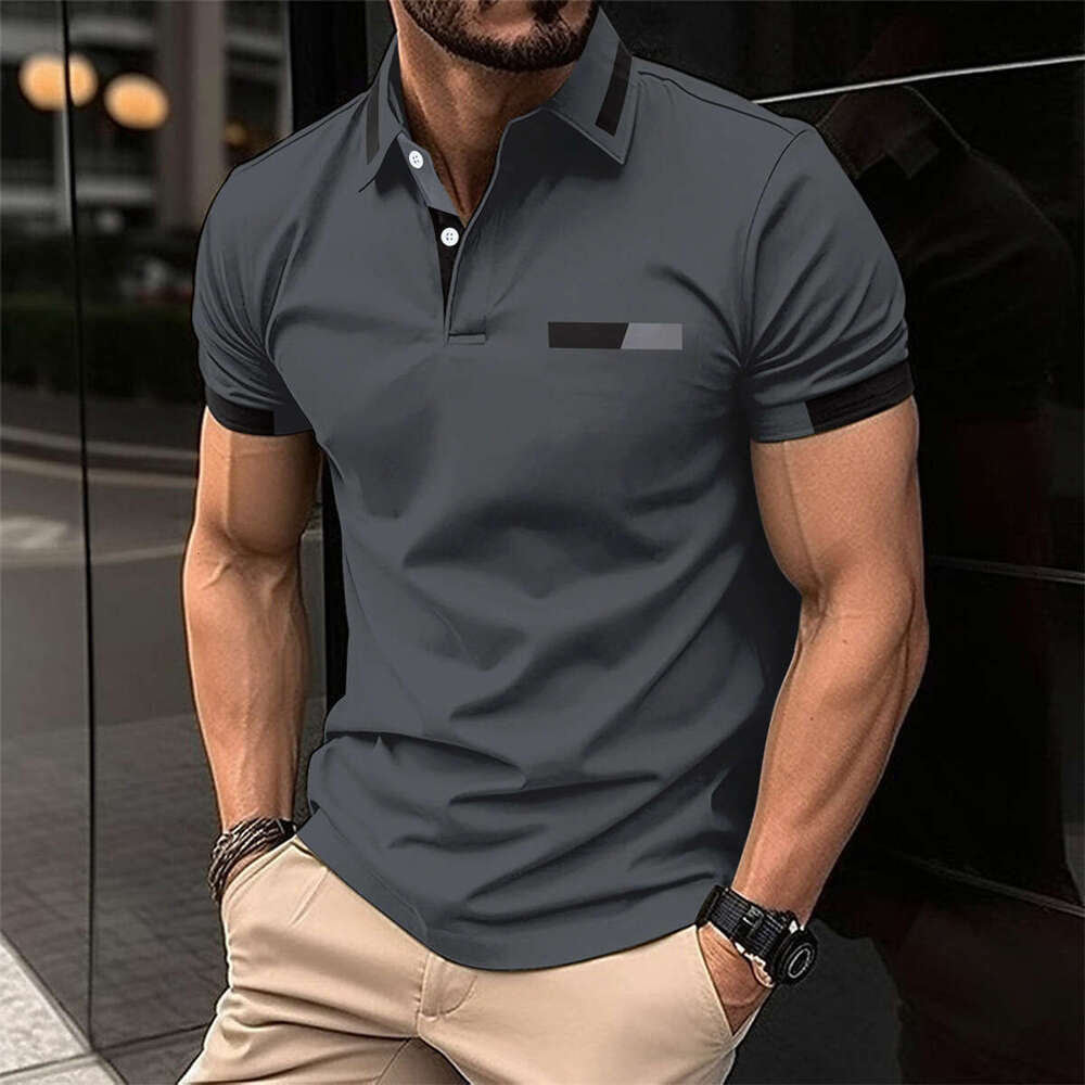 New men's casual polo shirt with fake chest pocket, lapel button, business T-shirt top, 2025 new style, chic and elegant clothing