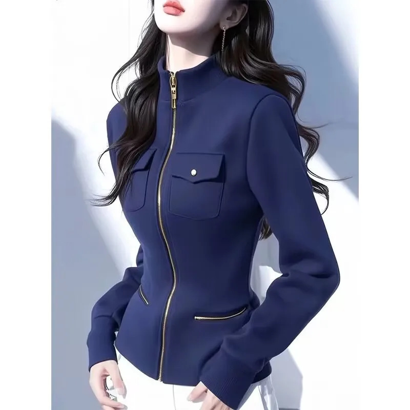 Zipper Polo Neck Grey Hoodie Womens Jacket Spring Autumn Fashion Ultra Thin Warm Coat Long Sleeve Clothing 250407